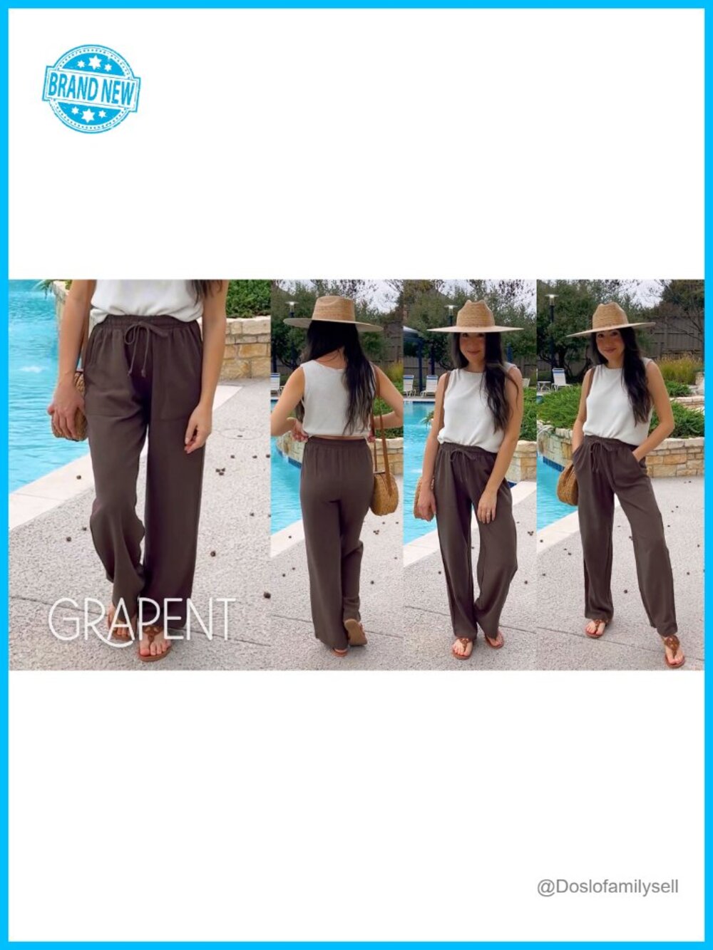 Wide Leg Linen Drawstring High Waisted Baggy Palazzo Pants with Pockets - Picture 6 of 6